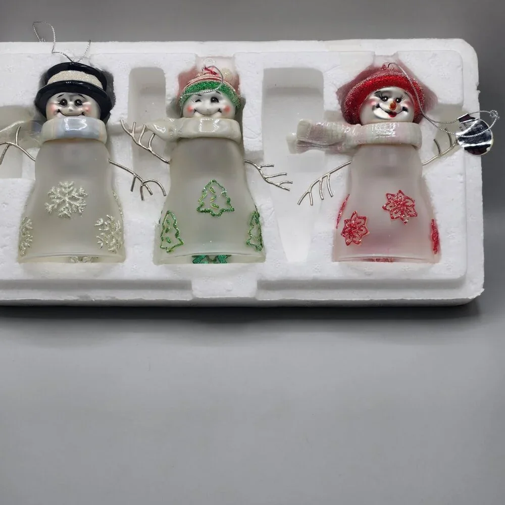 The Bradford Editions Snowman Family Glass Bells Ornaments Christmas Winter